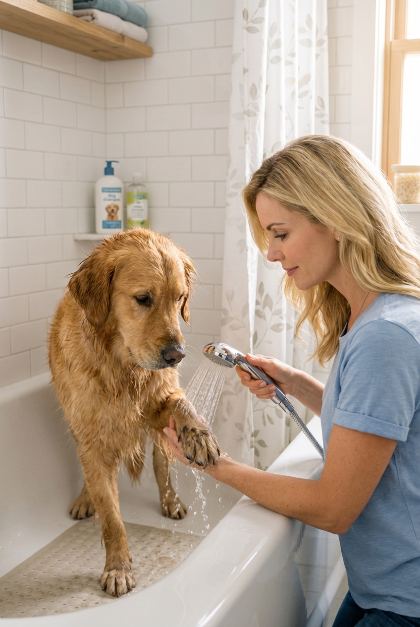 A dog standing in a bathtub while a person gently rinses its paws with a handheld sprayer