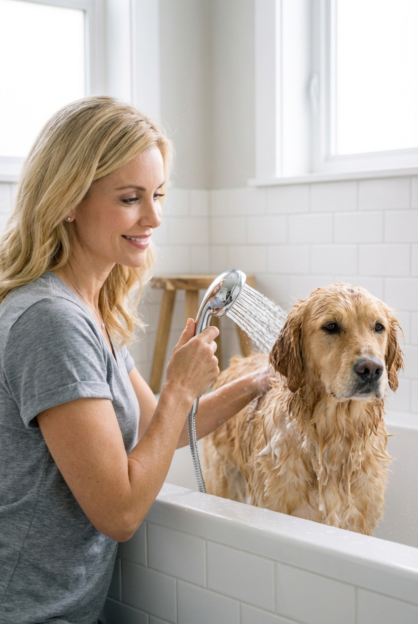 A dog standing in a bathtub while being gently rinsed with a handheld shower sprayer