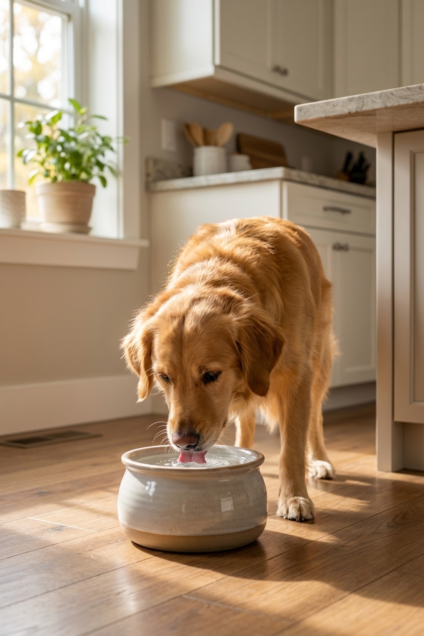 A dog standing in a kitchen drinking from a small pet water fountain on the floor, daylight coming through a window, photorealistic