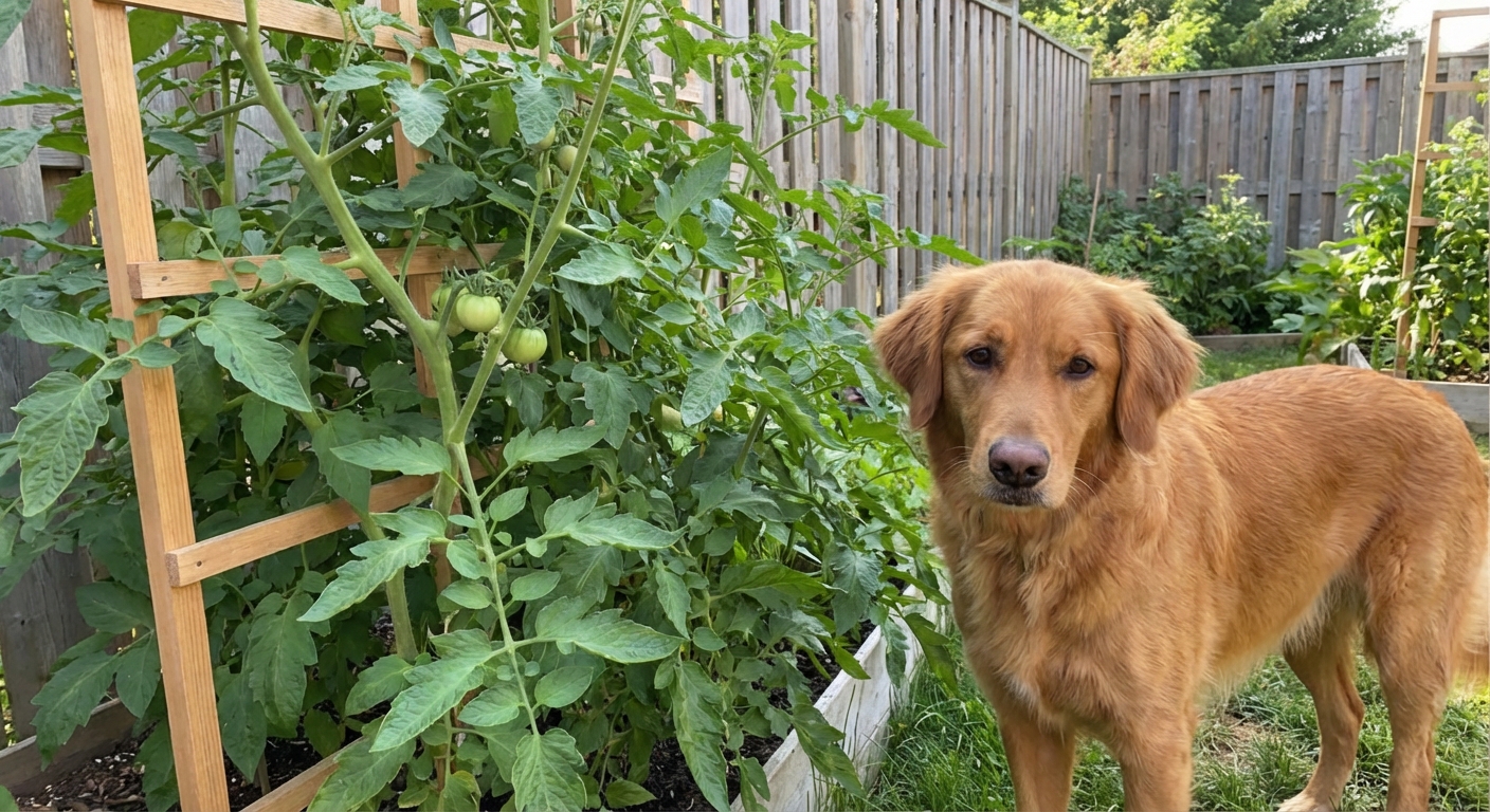 A dog standing near a backyard tomato plant with visible green leaves and stems