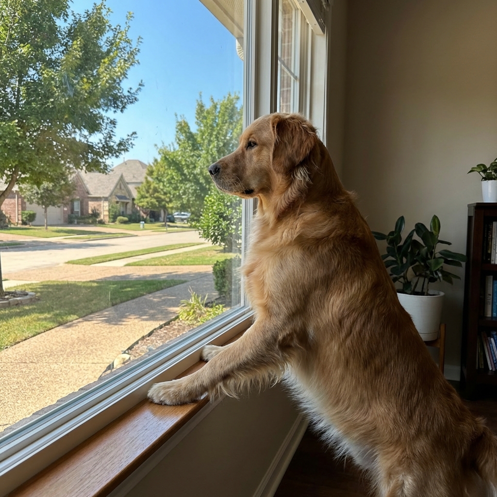 A dog standing near a front window looking outside at a sidewalk in a suburban neighborhood