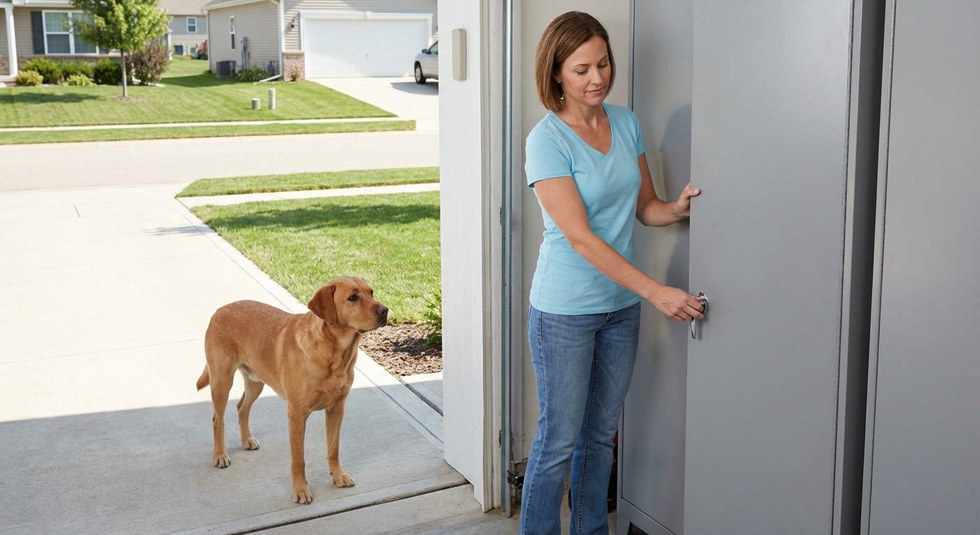 A dog standing near a garage doorway while a person safely closes and latches a cabinet door