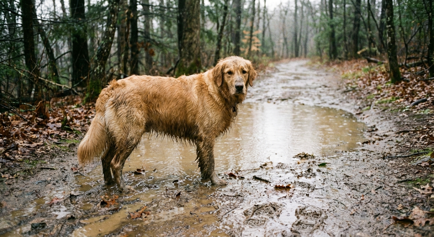 A dog standing near a muddy puddle on a trail after rain