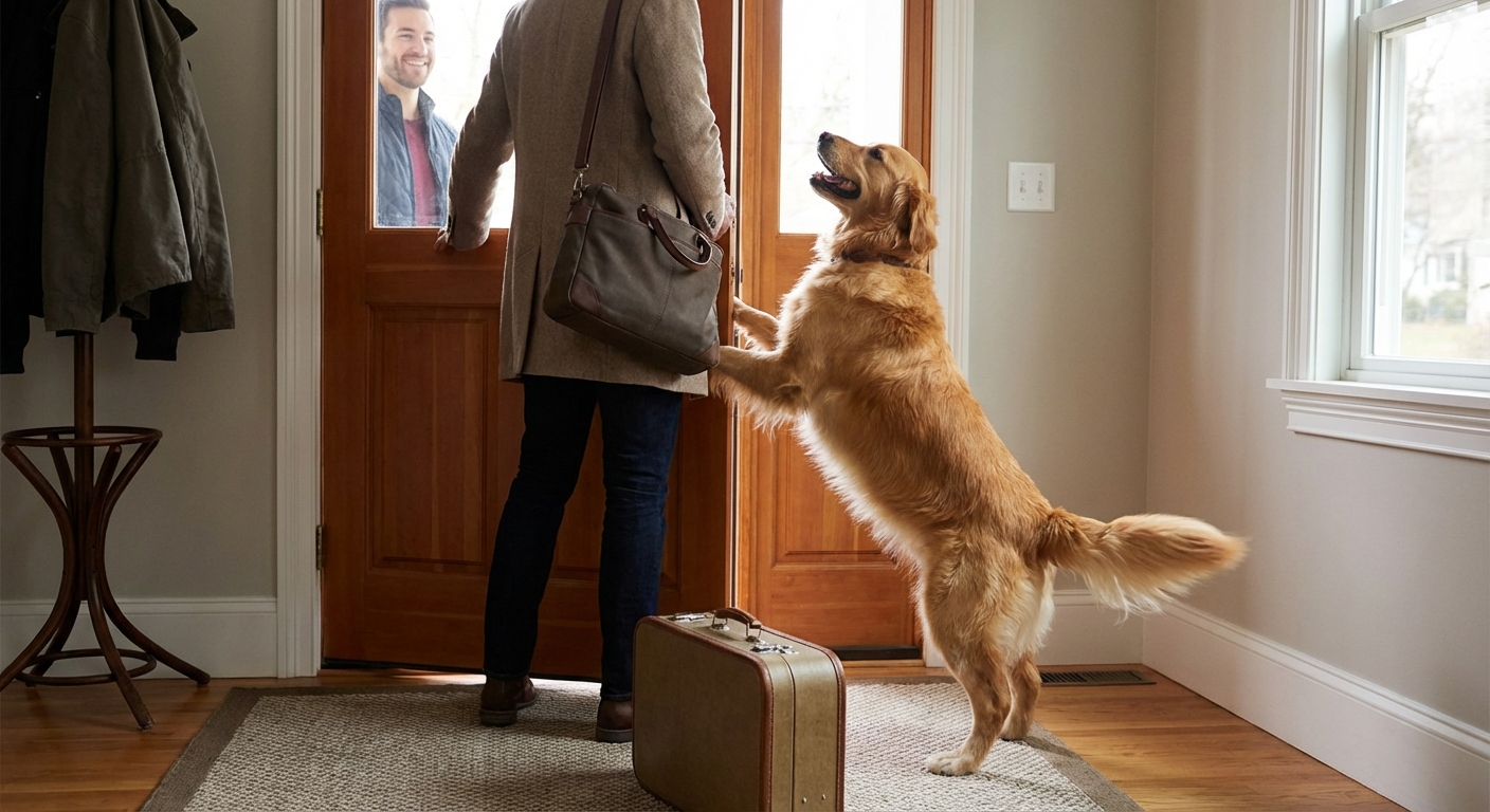 A dog standing near the front door while a guest arrives, looking excited