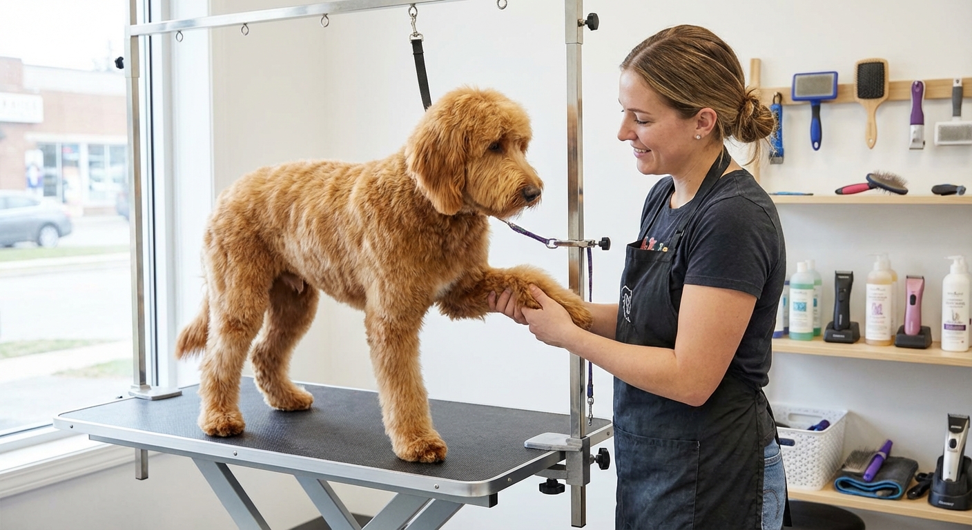 A dog standing on a grooming table while a groomer gently holds its paw