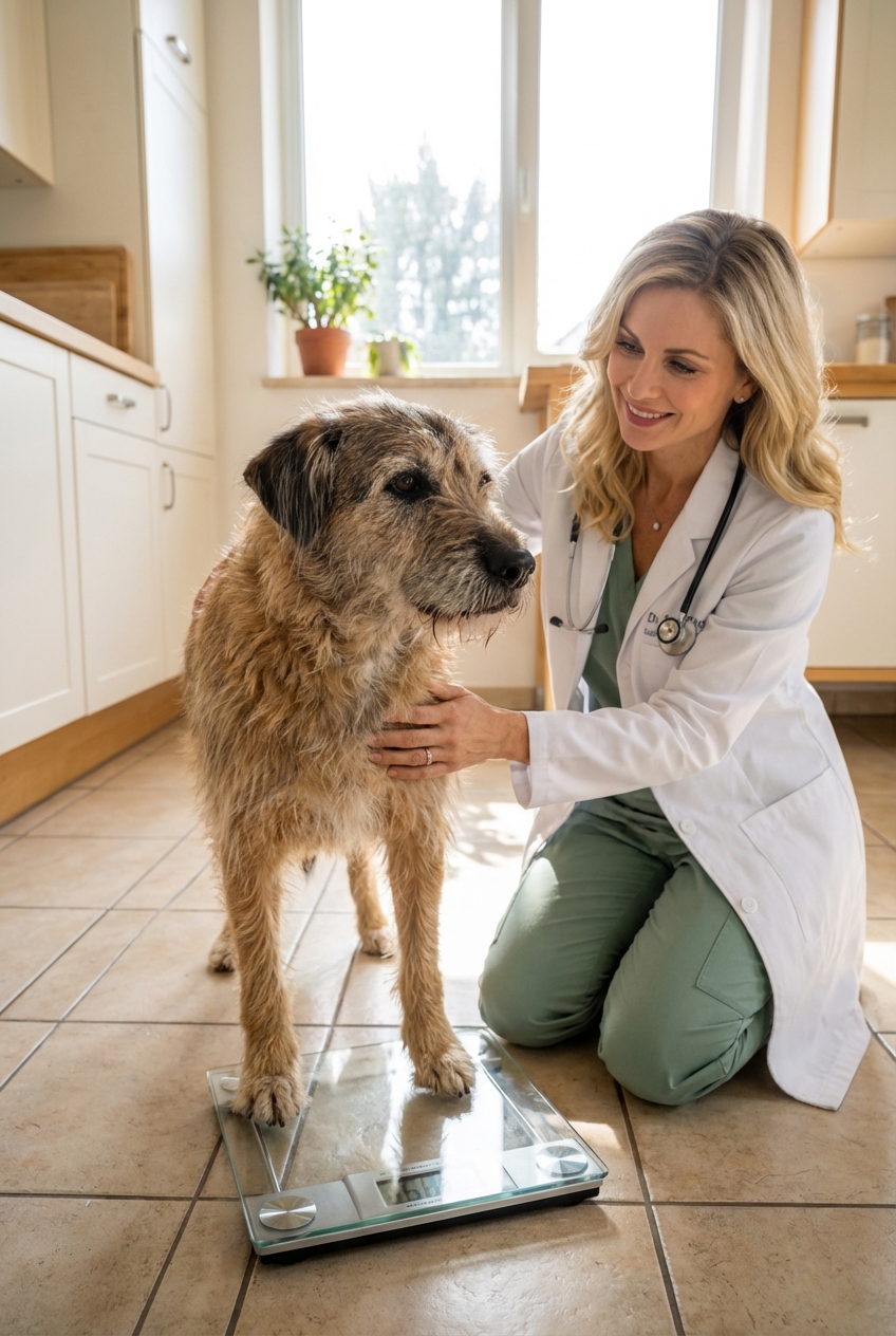 A dog standing on a home floor scale while a person steadies them gently