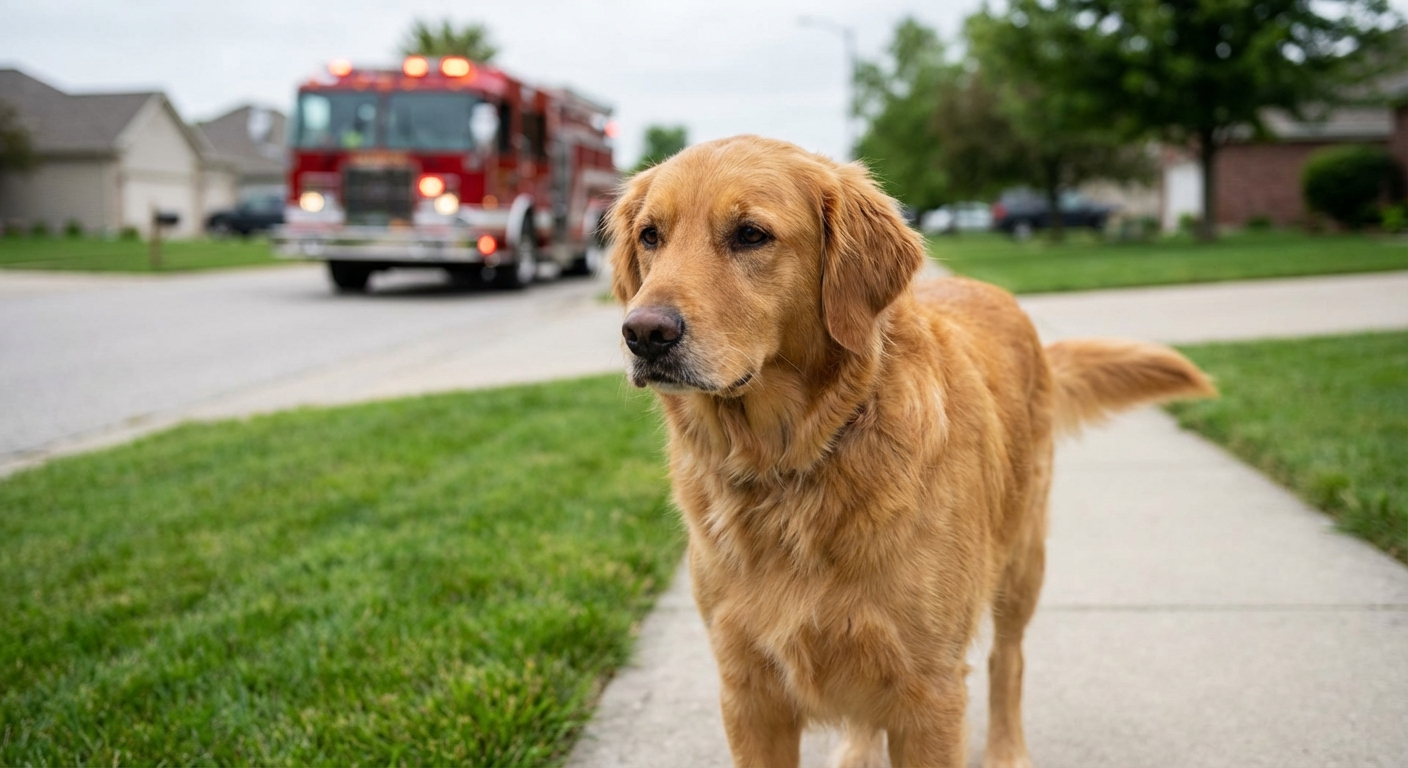 A dog standing on a sidewalk outdoors with a distant emergency vehicle in the background