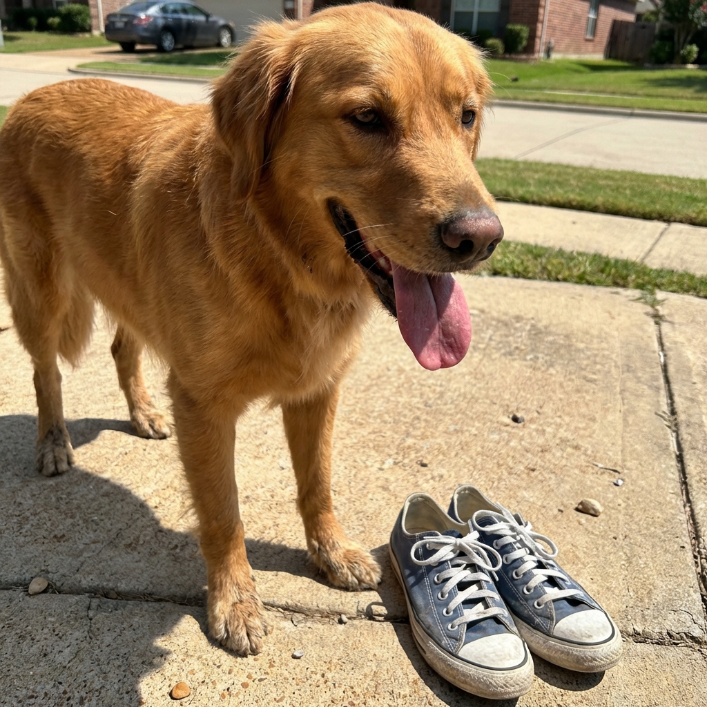 A dog standing on a sunny sidewalk next to a person's shoes on a hot day