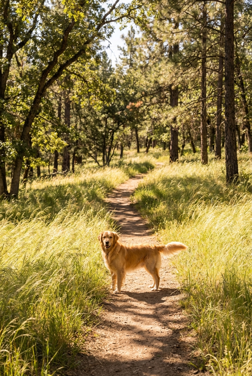 A dog standing on a wooded trail near tall grass
