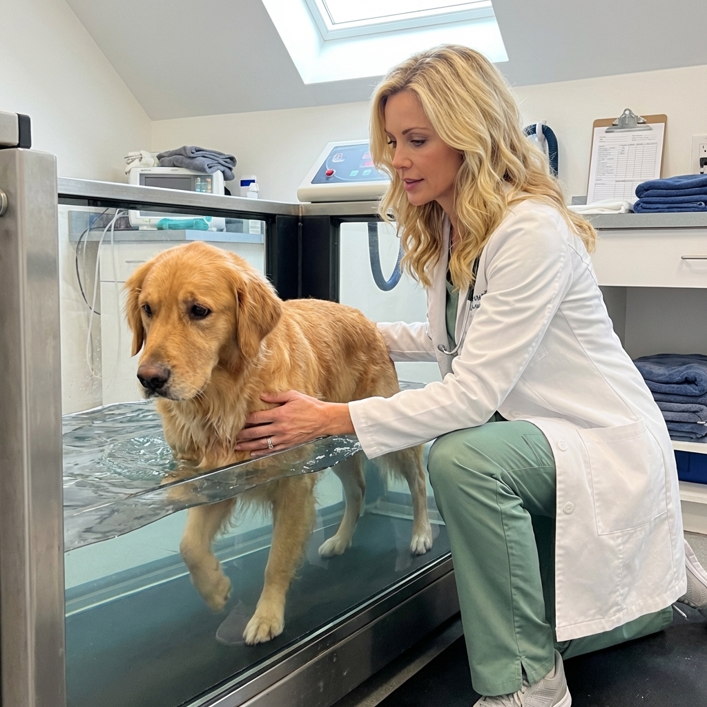 A dog standing on an underwater treadmill in a veterinary rehabilitation clinic while a therapist gently supports the dog with one hand, realistic clinical photo