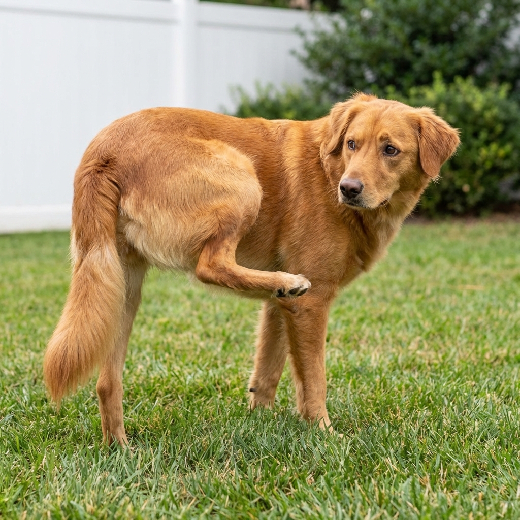 A dog standing on grass lifting one hind leg slightly while looking back at the leg