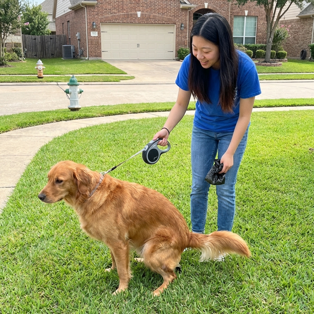 A dog standing on grass while a person holds a leash, suggesting an outdoor potty break