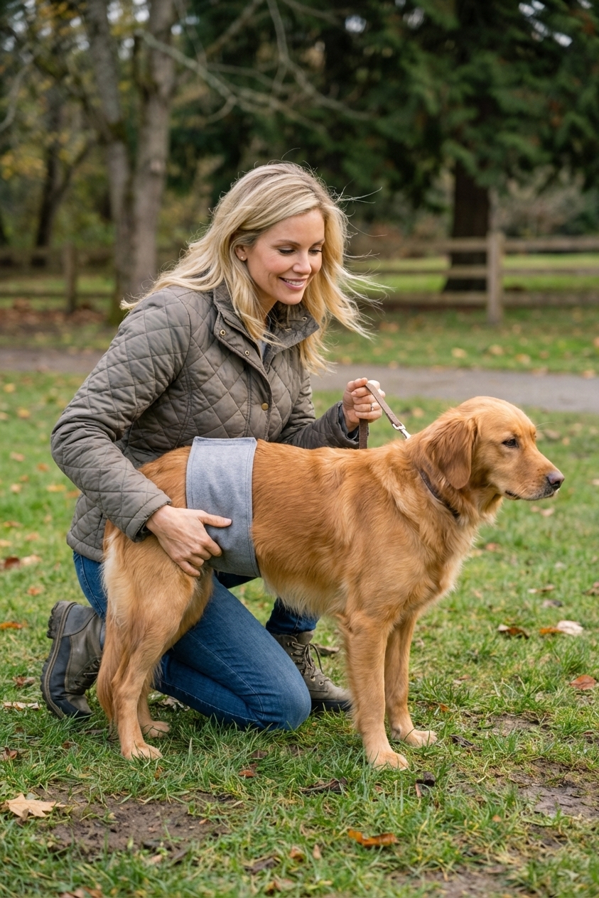 A dog standing outdoors on a leash while an owner supports the dog’s hindquarters using a simple fabric sling under the belly during a controlled potty break, photorealistic lifestyle scene