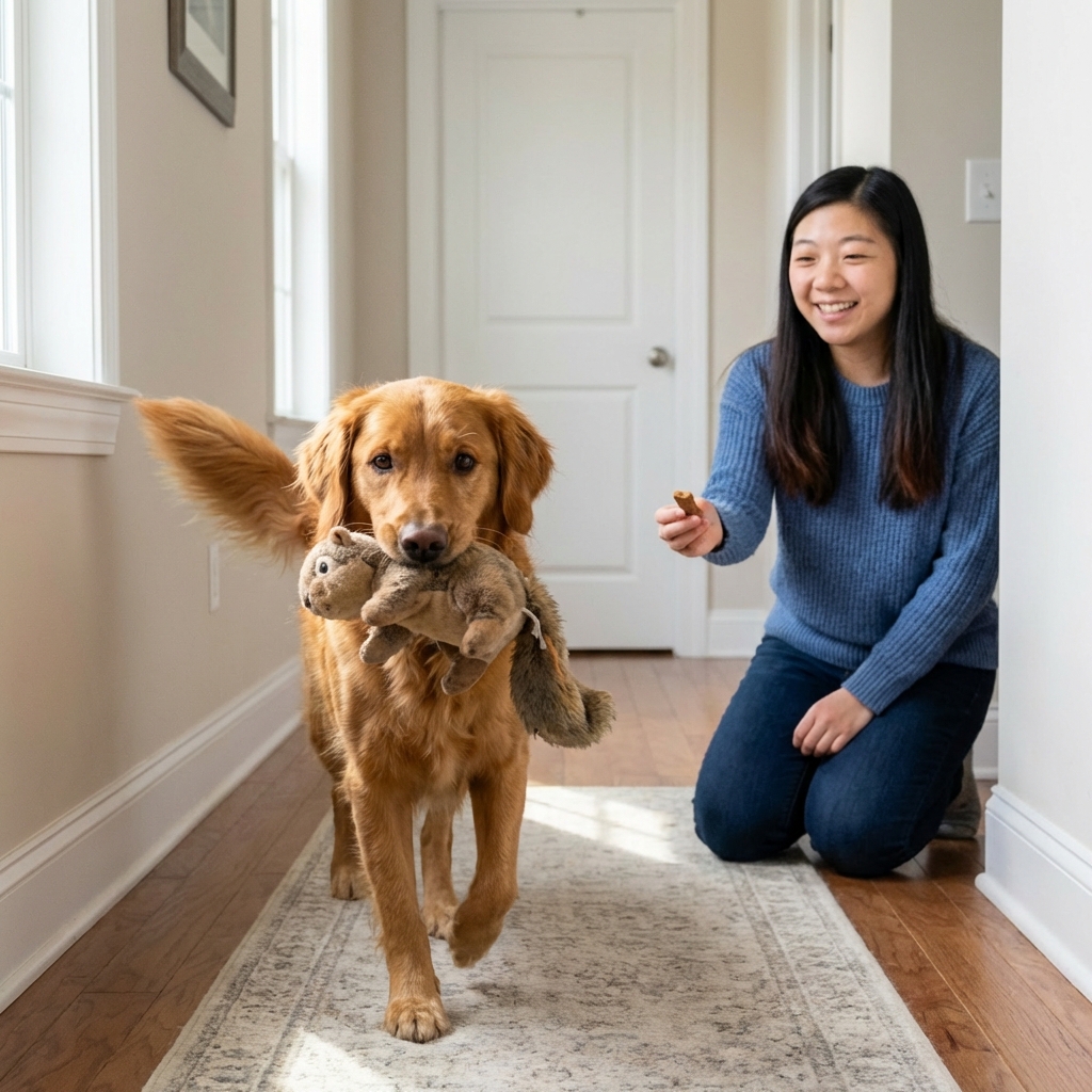 A dog trotting down a hallway carrying a soft toy toward an owner kneeling with a treat