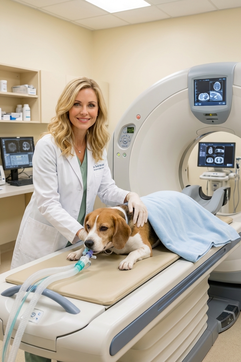 A dog under anesthesia being positioned on a CT scanner table in a veterinary hospital imaging suite