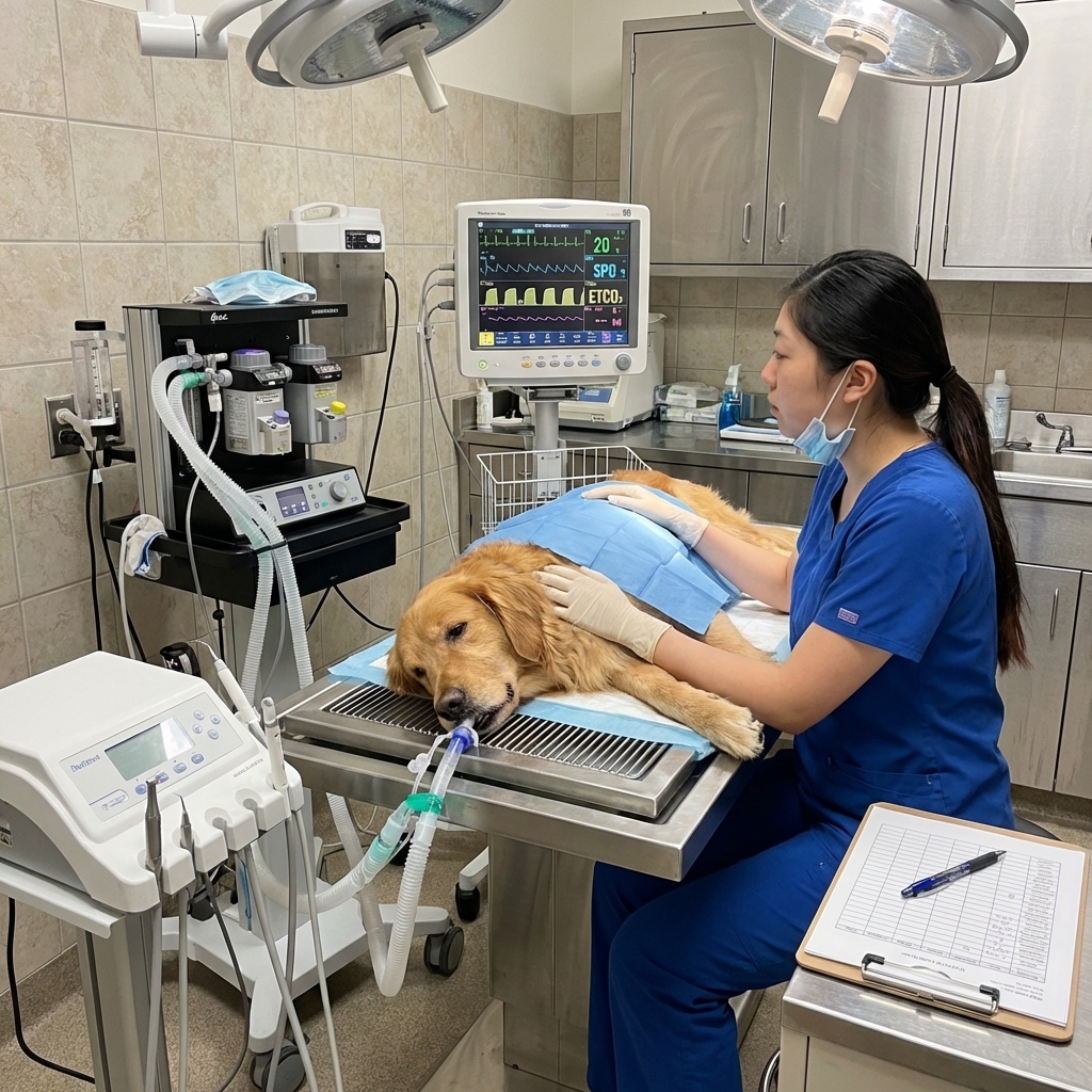 A dog under anesthesia for a dental procedure with a veterinary technician monitoring vital signs beside the patient on a warming pad, realistic clinical photo
