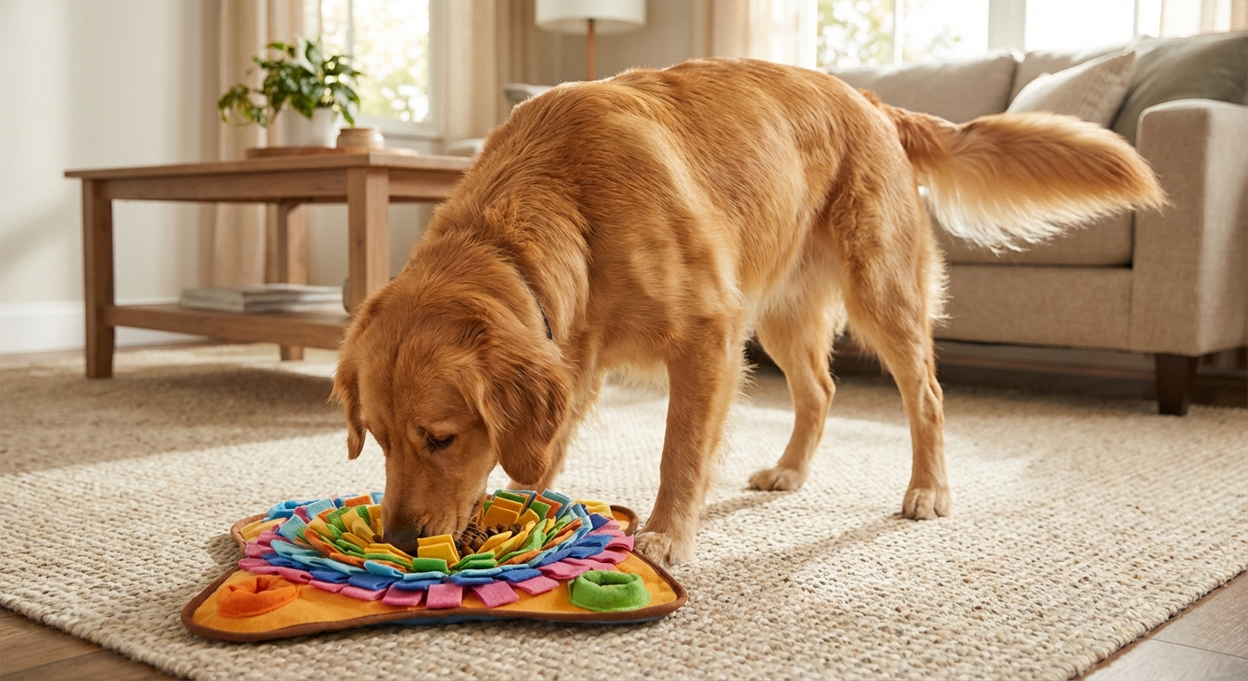 A dog using a snuffle mat on a living room rug while searching for kibble