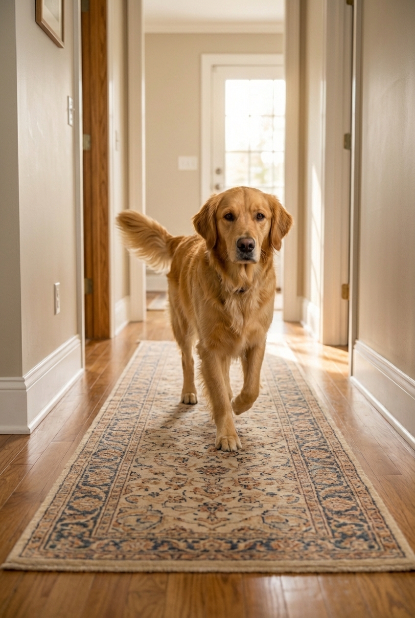 A dog walking across a hallway runner rug in a home with hardwood floors