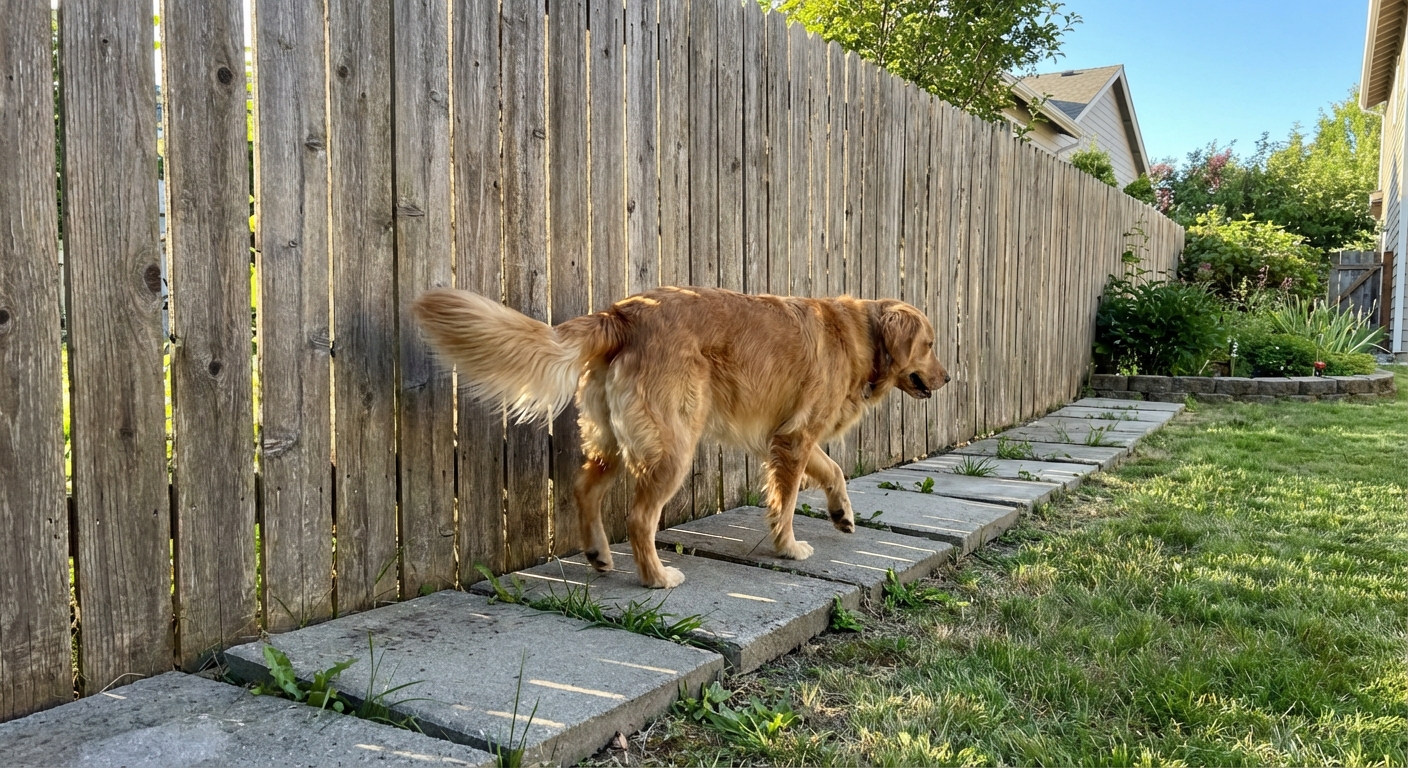 A dog walking along a wooden fence in a backyard with a row of flat pavers placed at the base of the fence