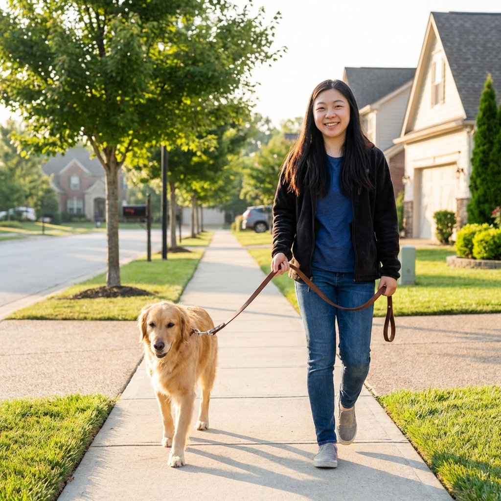 A dog walking calmly on a leash on a neighborhood sidewalk in soft morning light