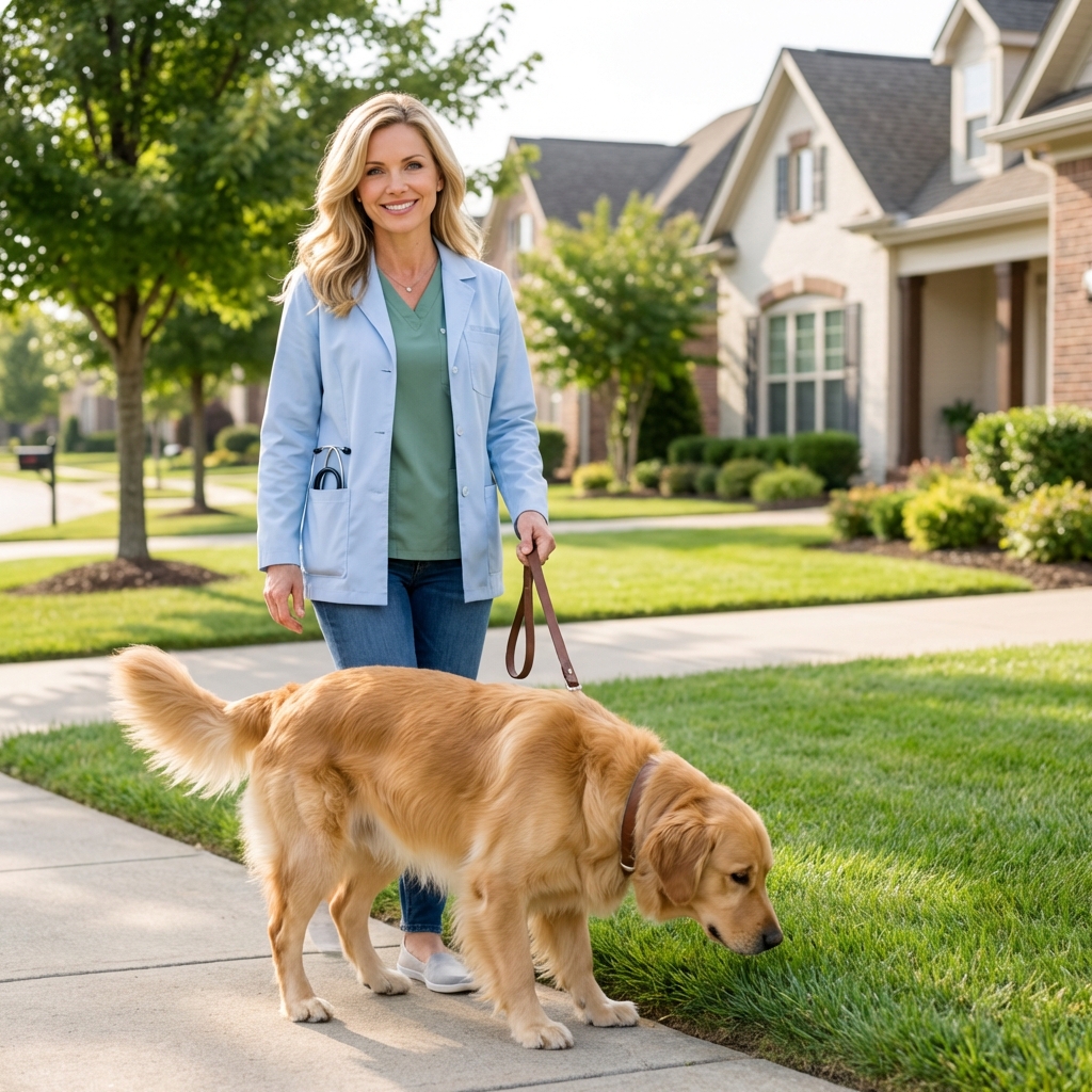 A dog walking calmly on a leash outside for a short potty break