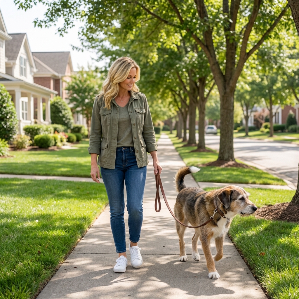 A dog walking comfortably outdoors on a leash beside their owner on a quiet neighborhood sidewalk
