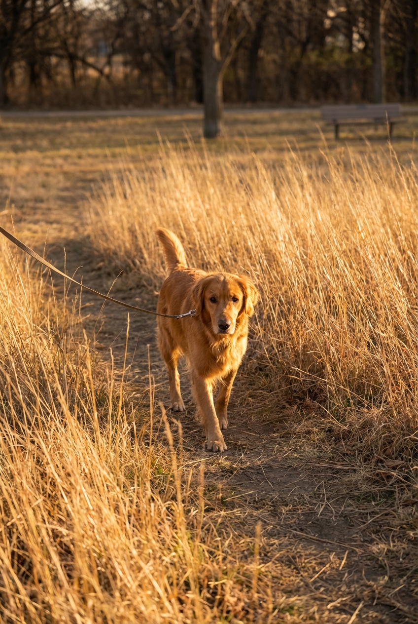 A dog walking near tall dry grass in a park during late afternoon light