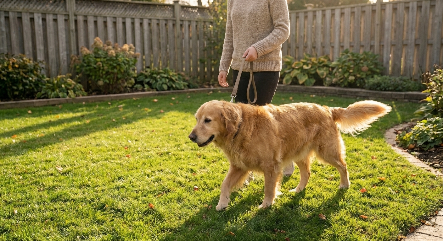 A dog walking on a leash along the edge of a neatly trimmed backyard with sunlight and minimal leaf litter