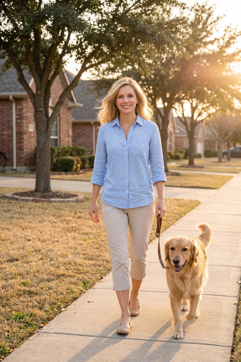 A dog walking on a leash at sunset on a neighborhood sidewalk in Texas, warm natural light photography