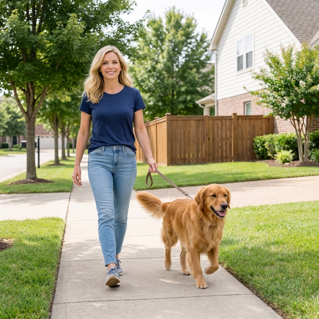A dog walking on a leash next to its owner on a suburban sidewalk in daylight, natural candid photography