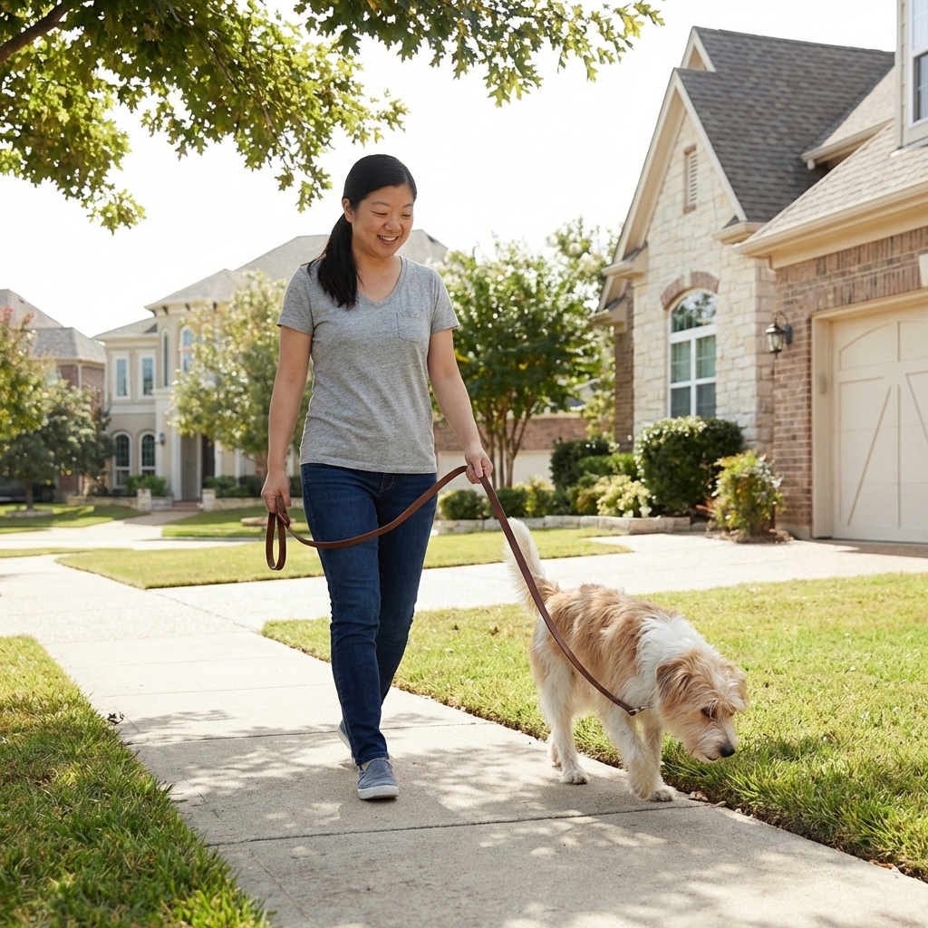 A dog walking on a leash on a neighborhood sidewalk during daylight