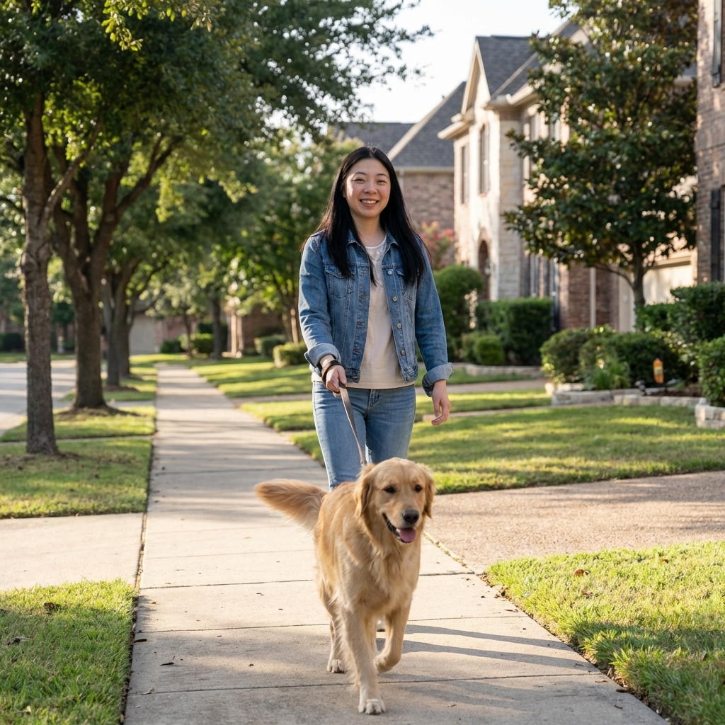 A dog walking on a leash with an owner on a quiet neighborhood sidewalk