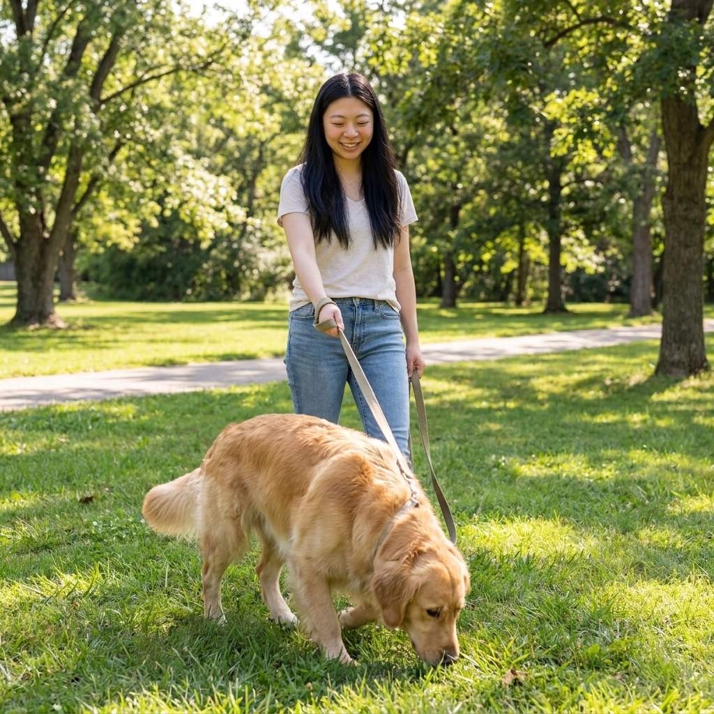 A dog walking on a long leash in a grassy park with its nose down sniffing the ground while an owner follows calmly, real outdoor photograph