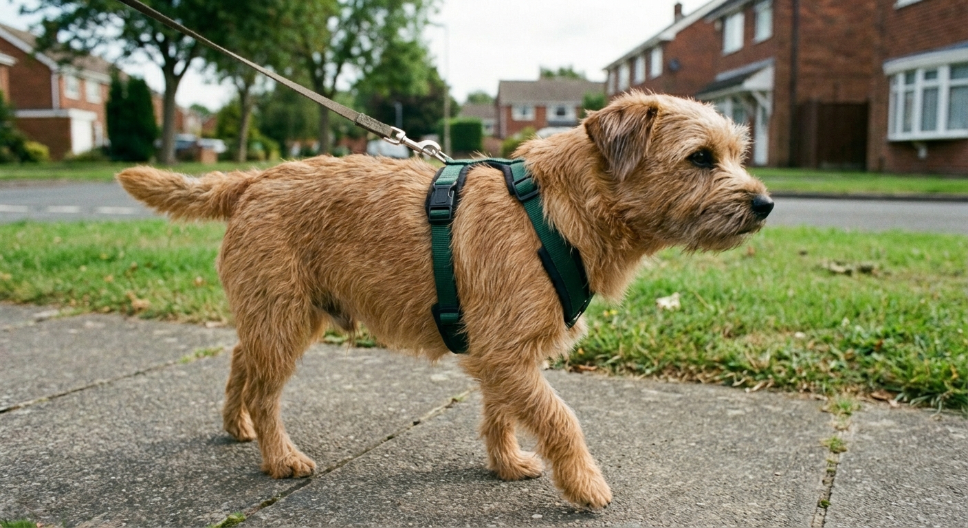 A dog walking on a sidewalk wearing a well-fitted harness with the straps sitting flat and centered