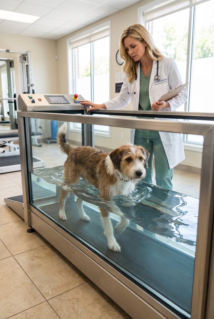 A dog walking on an underwater treadmill with a veterinary rehab professional nearby