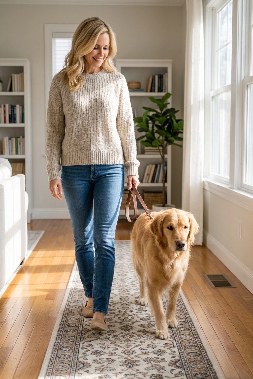 A dog walking slowly on a leash indoors across long traction rugs laid over a hardwood floor, real-life home photo