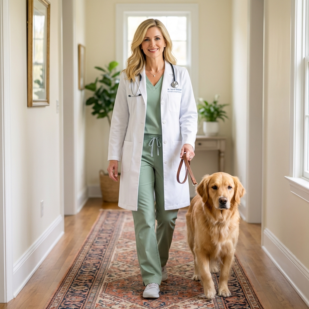 A dog walking slowly on a leash indoors on a hallway runner rug with a person holding the leash