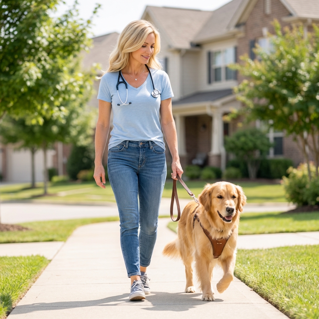 A dog walking slowly on a leash on a sidewalk next to an owner holding a harness