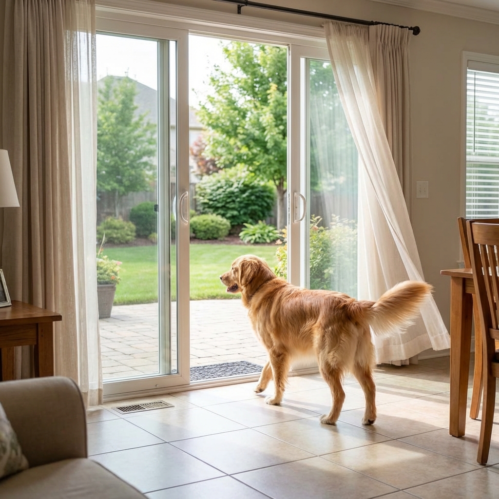 A dog walking toward an open patio door with fresh air coming inside