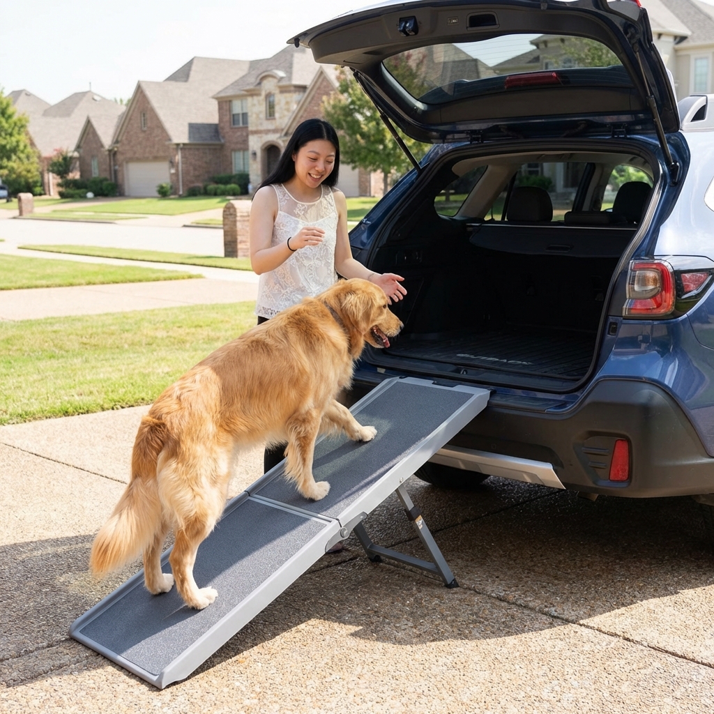 A dog walking up a small ramp into the back of a car while an owner stands nearby