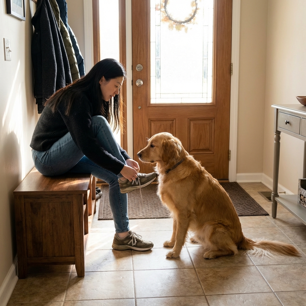 A dog watching a family member put on shoes near a doorway inside a home
