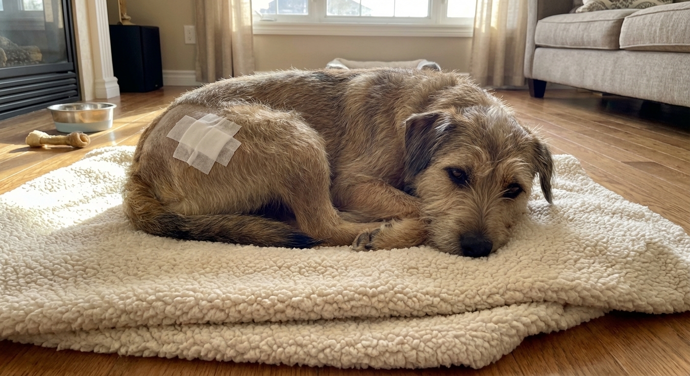A dog wearing a bandage after a skin lump removal surgery resting comfortably on a soft blanket at home