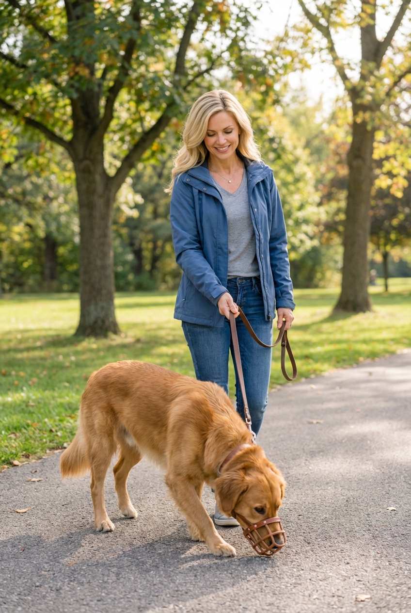 A dog wearing a basket muzzle on a calm walk with an adult holding the leash
