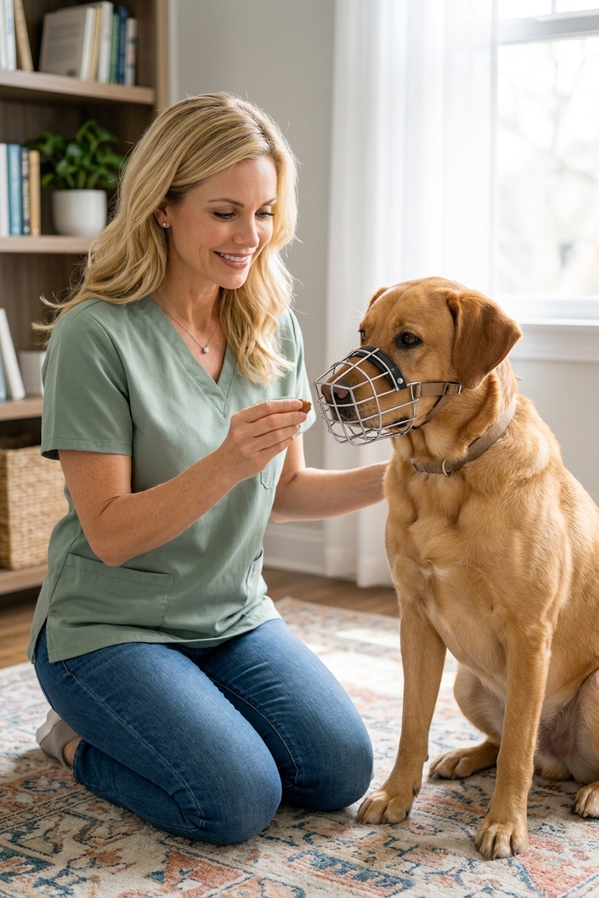 A dog wearing a basket-style muzzle indoors while an owner offers a small treat, calm training session, natural home lighting, real photo