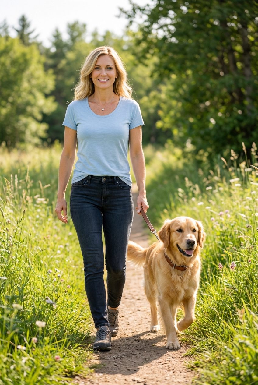 A dog wearing a collar being walked on a green trail with tall grass nearby