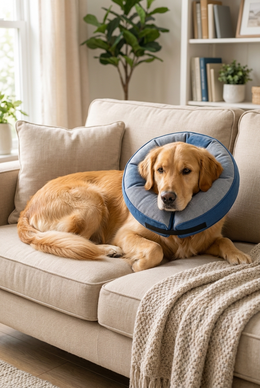 A dog wearing a comfortable e-collar while resting on a couch at home