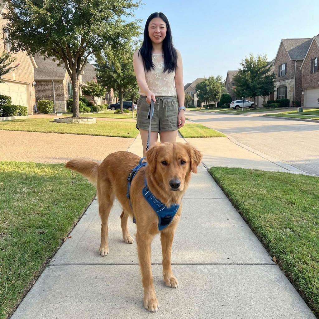 A dog wearing a comfortable harness on a quiet neighborhood sidewalk during a calm walk