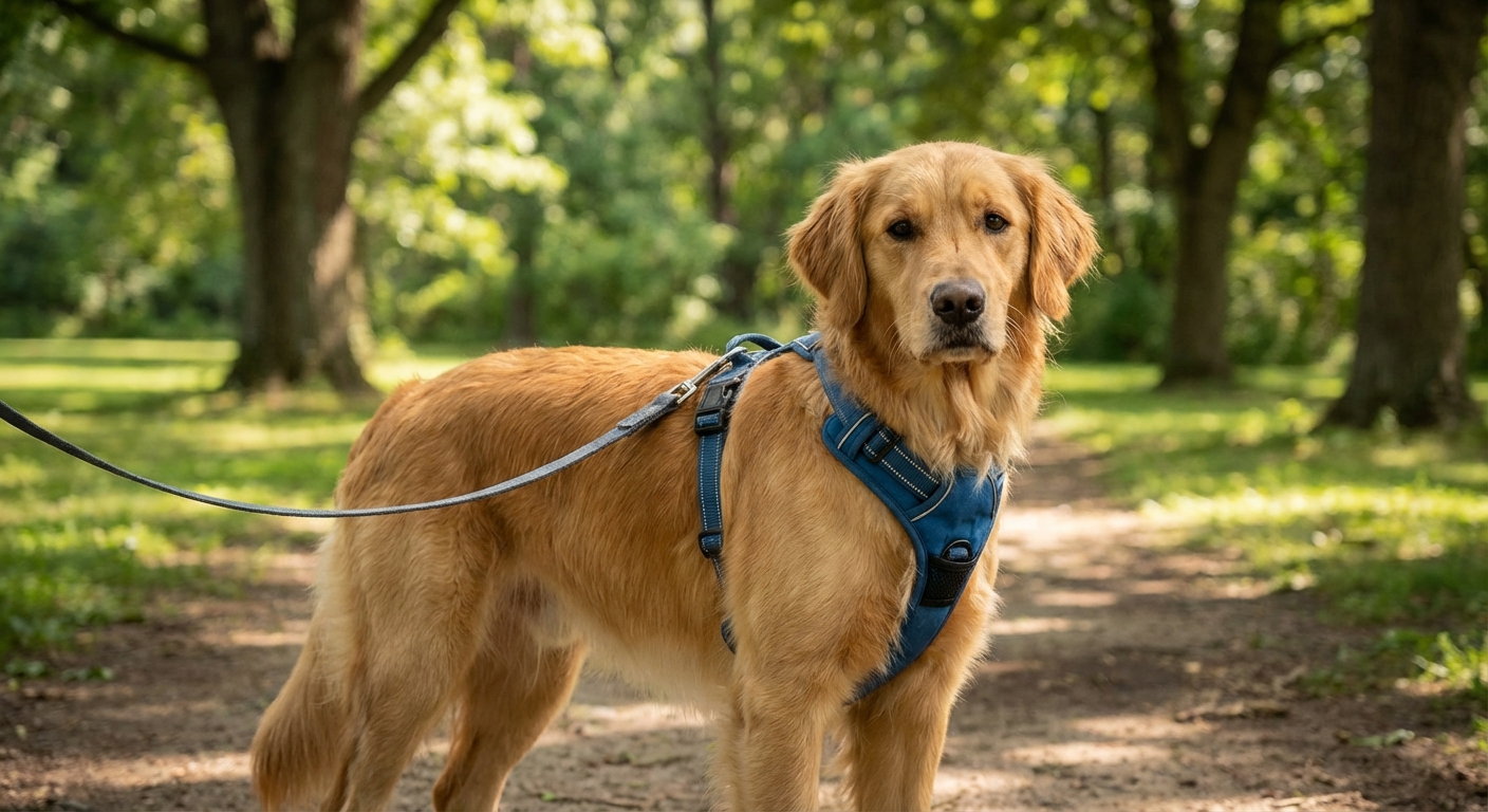 A dog wearing a comfortable harness standing calmly in a shaded park