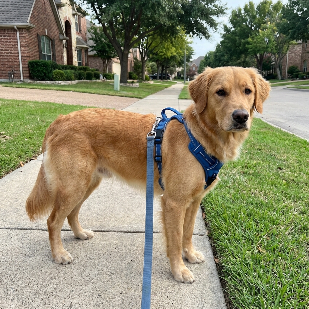 A dog wearing a comfortable harness standing calmly on a quiet sidewalk during a short potty break