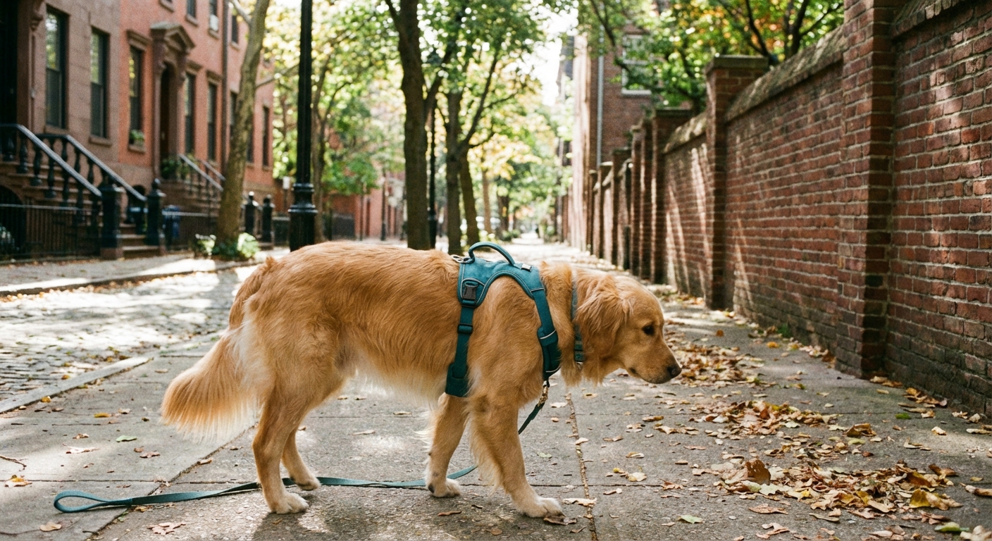 A dog wearing a comfortable harness while walking calmly on a quiet sidewalk